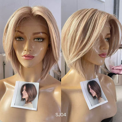 Made to Order – PU Full Lace Champagne Beige Blonde Highlighted Asymmetrical Pixie Bob Human Hair Medical Wig product view 6