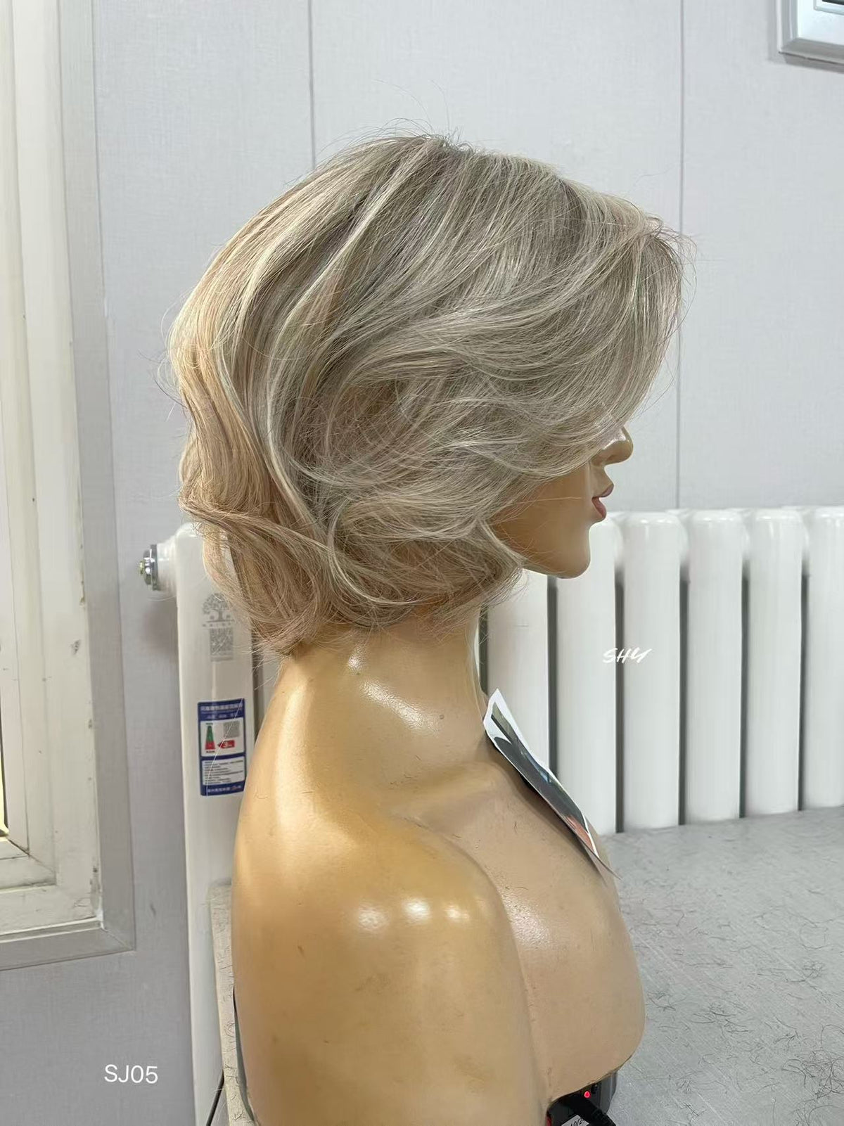 PU Full Lace Ash Blonde Highlighted Voluminous Layered Pixie Bob Human Hair Medical Wig product view 2