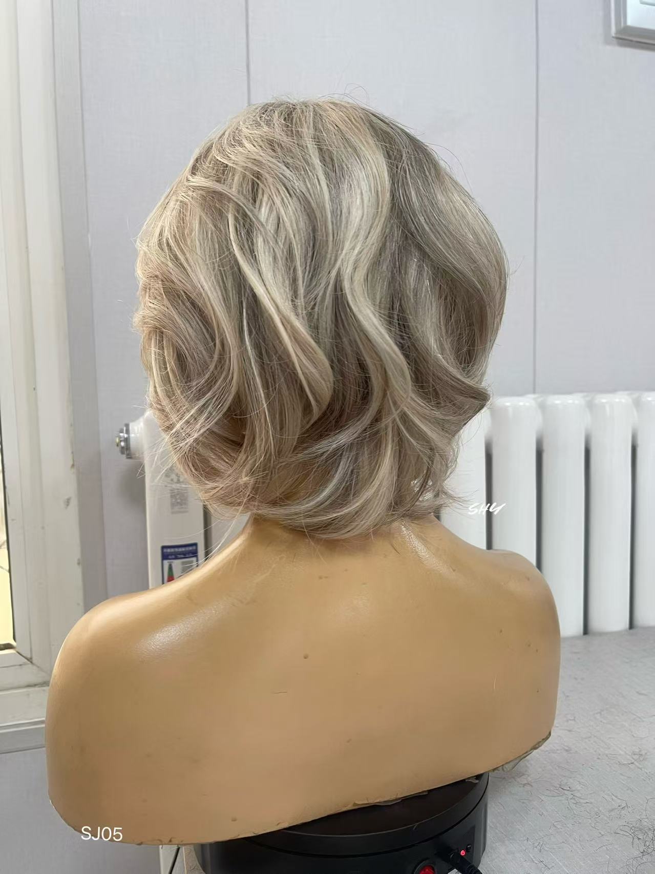 PU Full Lace Ash Blonde Highlighted Voluminous Layered Pixie Bob Human Hair Medical Wig product view 3