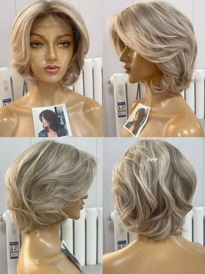 PU Full Lace Ash Blonde Highlighted Voluminous Layered Pixie Bob Human Hair Medical Wig product view 5