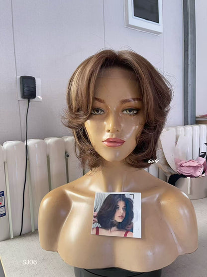 PU Full Lace Chocolate Brown Caramel Highlighted Layered Pixie Bob Human Hair Medical Wig front or three-quarter view