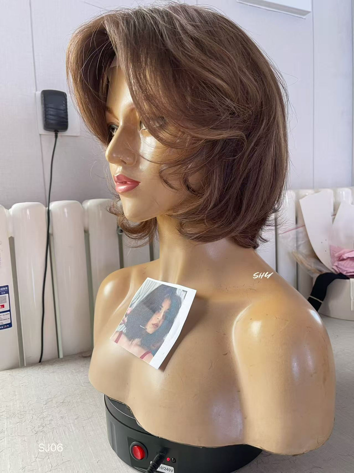 PU Full Lace Chocolate Brown Caramel Highlighted Layered Pixie Bob Human Hair Medical Wig product view 3