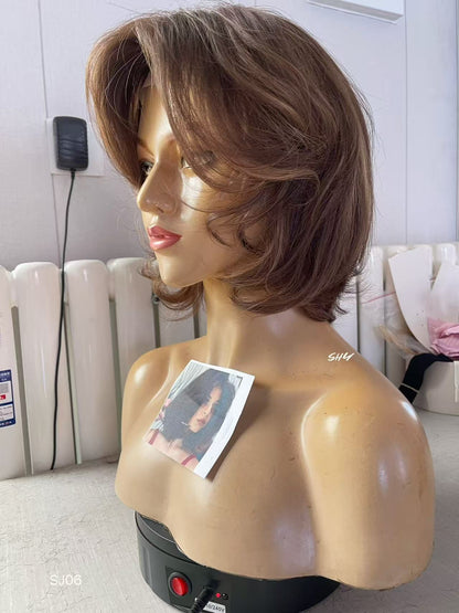 PU Full Lace Chocolate Brown Caramel Highlighted Layered Pixie Bob Human Hair Medical Wig product view 3