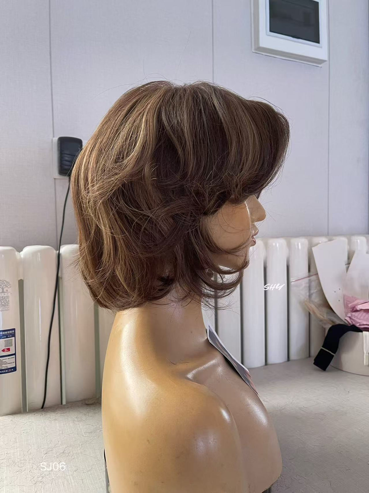 PU Full Lace Chocolate Brown Caramel Highlighted Layered Pixie Bob Human Hair Medical Wig product view 4