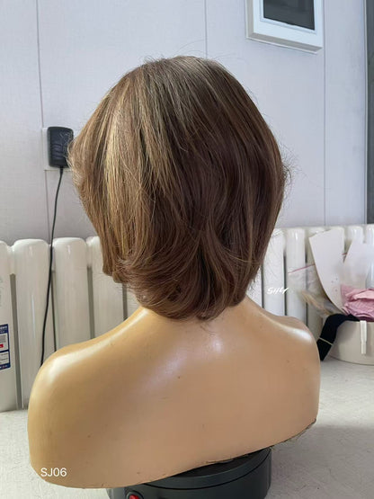 PU Full Lace Chocolate Brown Caramel Highlighted Layered Pixie Bob Human Hair Medical Wig product view 5