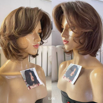 PU Full Lace Chocolate Brown Caramel Highlighted Layered Pixie Bob Human Hair Medical Wig product view 6