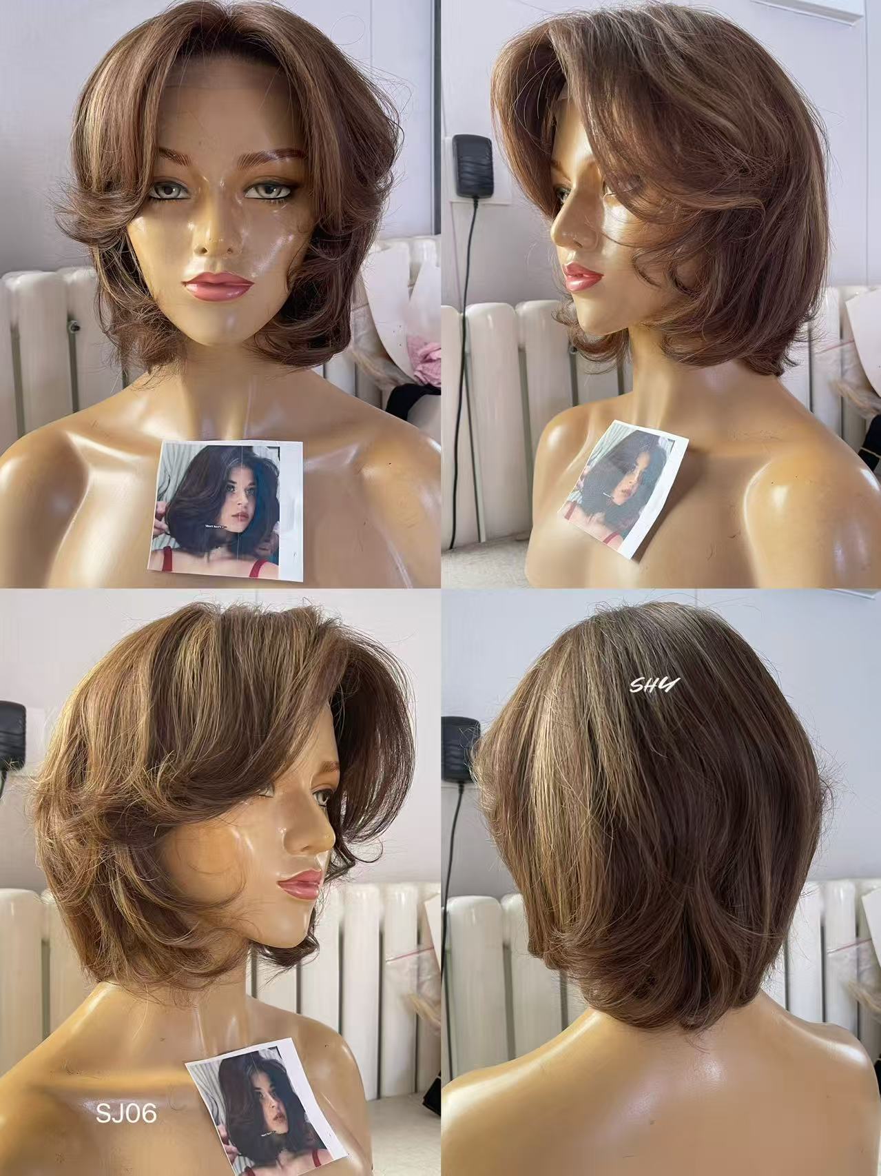 PU Full Lace Chocolate Brown Caramel Highlighted Layered Pixie Bob Human Hair Medical Wig product view 7