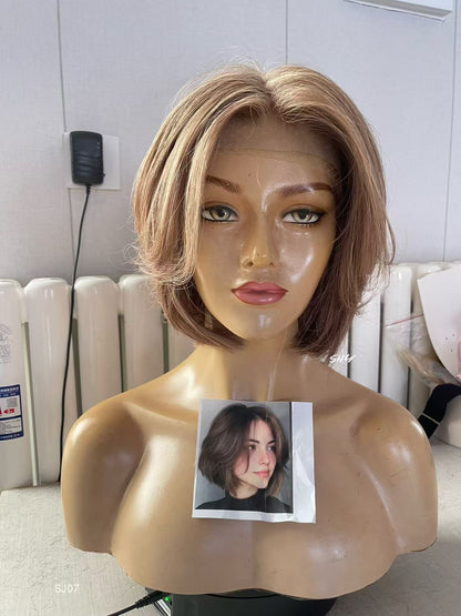 PU Full Lace Dusty Rose Brown Highlighted Center-Part Pixie Bob Human Hair Medical Wig front or three-quarter view
