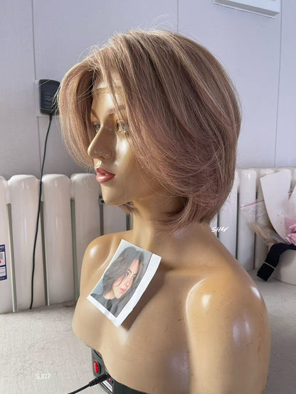 PU Full Lace Dusty Rose Brown Highlighted Center-Part Pixie Bob Human Hair Medical Wig product view 2