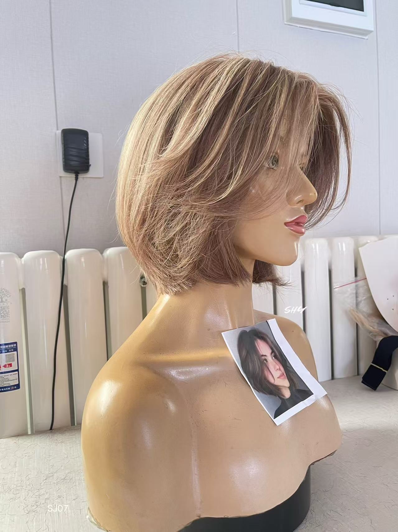 PU Full Lace Dusty Rose Brown Highlighted Center-Part Pixie Bob Human Hair Medical Wig product view 3