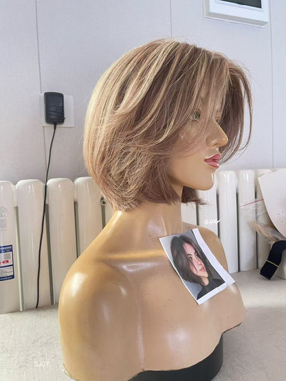 PU Full Lace Dusty Rose Brown Highlighted Center-Part Pixie Bob Human Hair Medical Wig product view 3