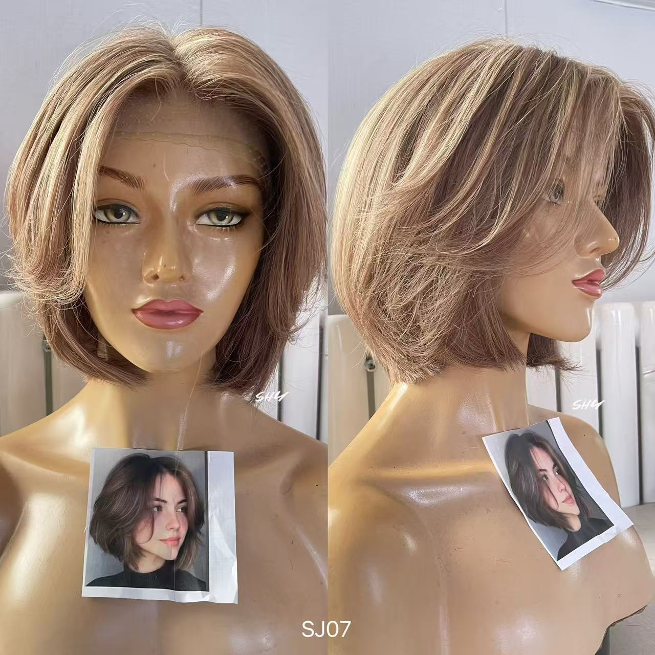 PU Full Lace Dusty Rose Brown Highlighted Center-Part Pixie Bob Human Hair Medical Wig product view 5