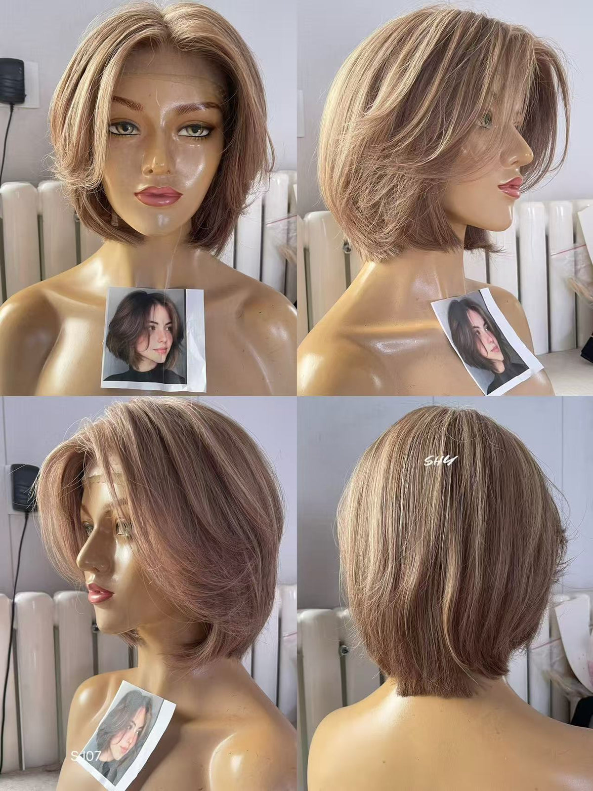PU Full Lace Dusty Rose Brown Highlighted Center-Part Pixie Bob Human Hair Medical Wig product view 6