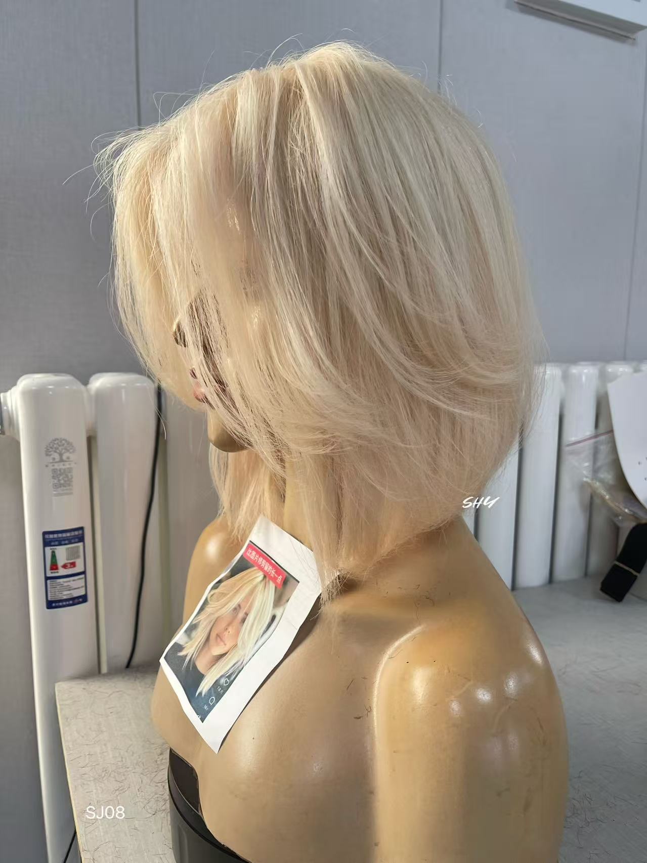 PU Full Lace Icy Platinum Blonde Center-Part Layered Pixie Bob Human Hair Medical Wig product view 2