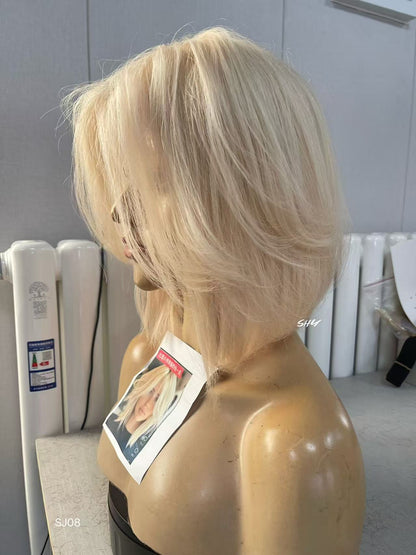 PU Full Lace Icy Platinum Blonde Center-Part Layered Pixie Bob Human Hair Medical Wig product view 2