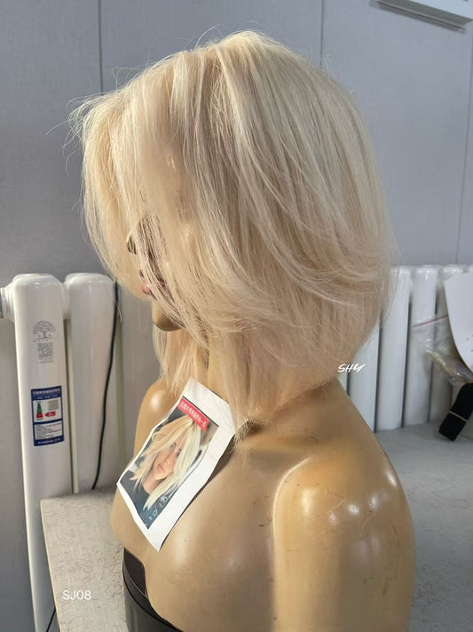 PU Full Lace Icy Platinum Blonde Center-Part Layered Pixie Bob Human Hair Medical Wig product view 2 — alternate view