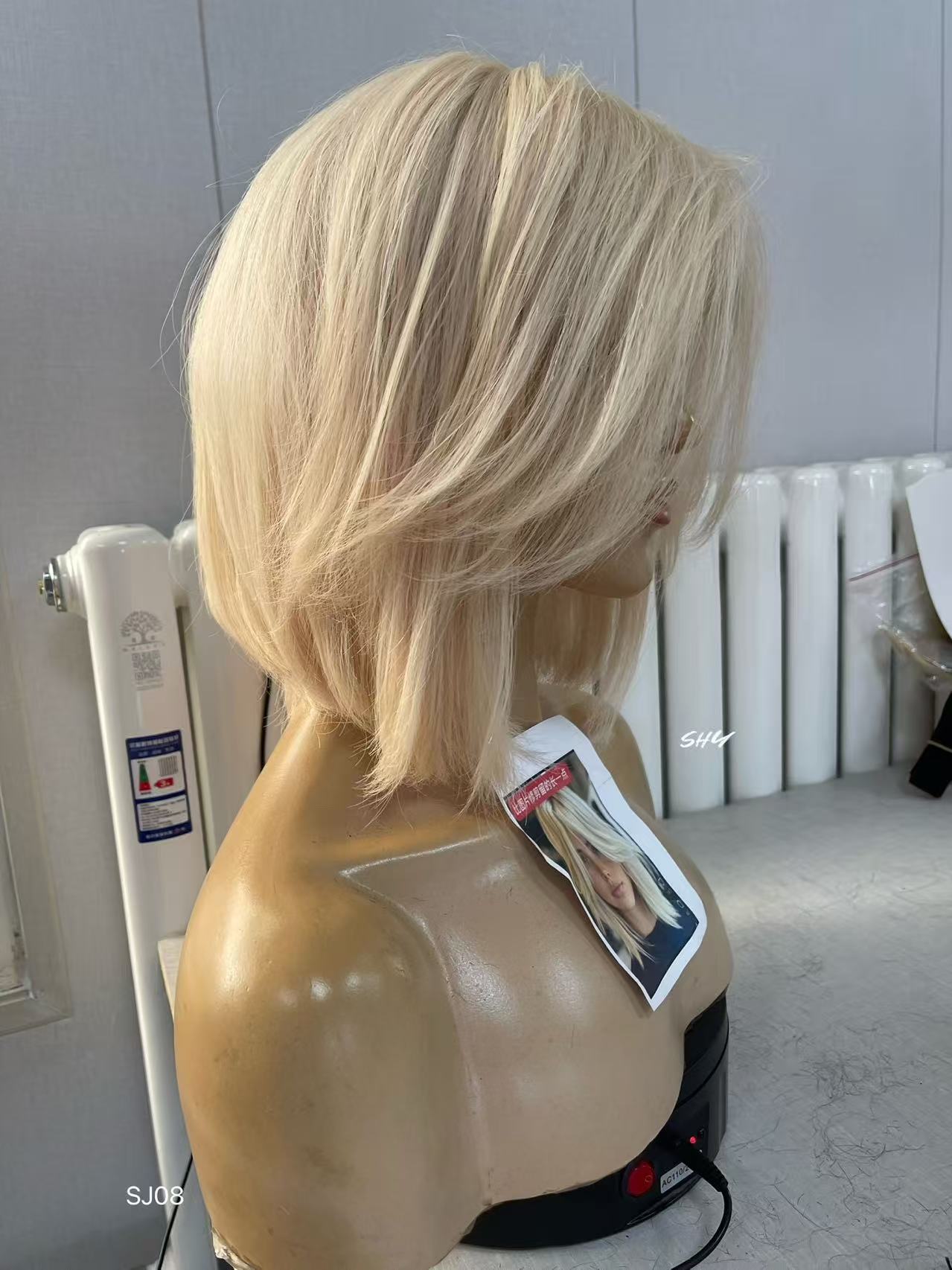 PU Full Lace Icy Platinum Blonde Center-Part Layered Pixie Bob Human Hair Medical Wig product view 3