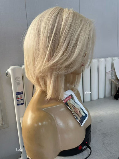 PU Full Lace Icy Platinum Blonde Center-Part Layered Pixie Bob Human Hair Medical Wig product view 3