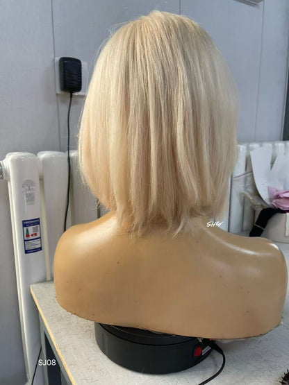 PU Full Lace Icy Platinum Blonde Center-Part Layered Pixie Bob Human Hair Medical Wig product view 4