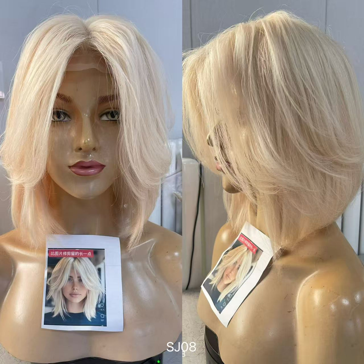 PU Full Lace Icy Platinum Blonde Center-Part Layered Pixie Bob Human Hair Medical Wig product view 5