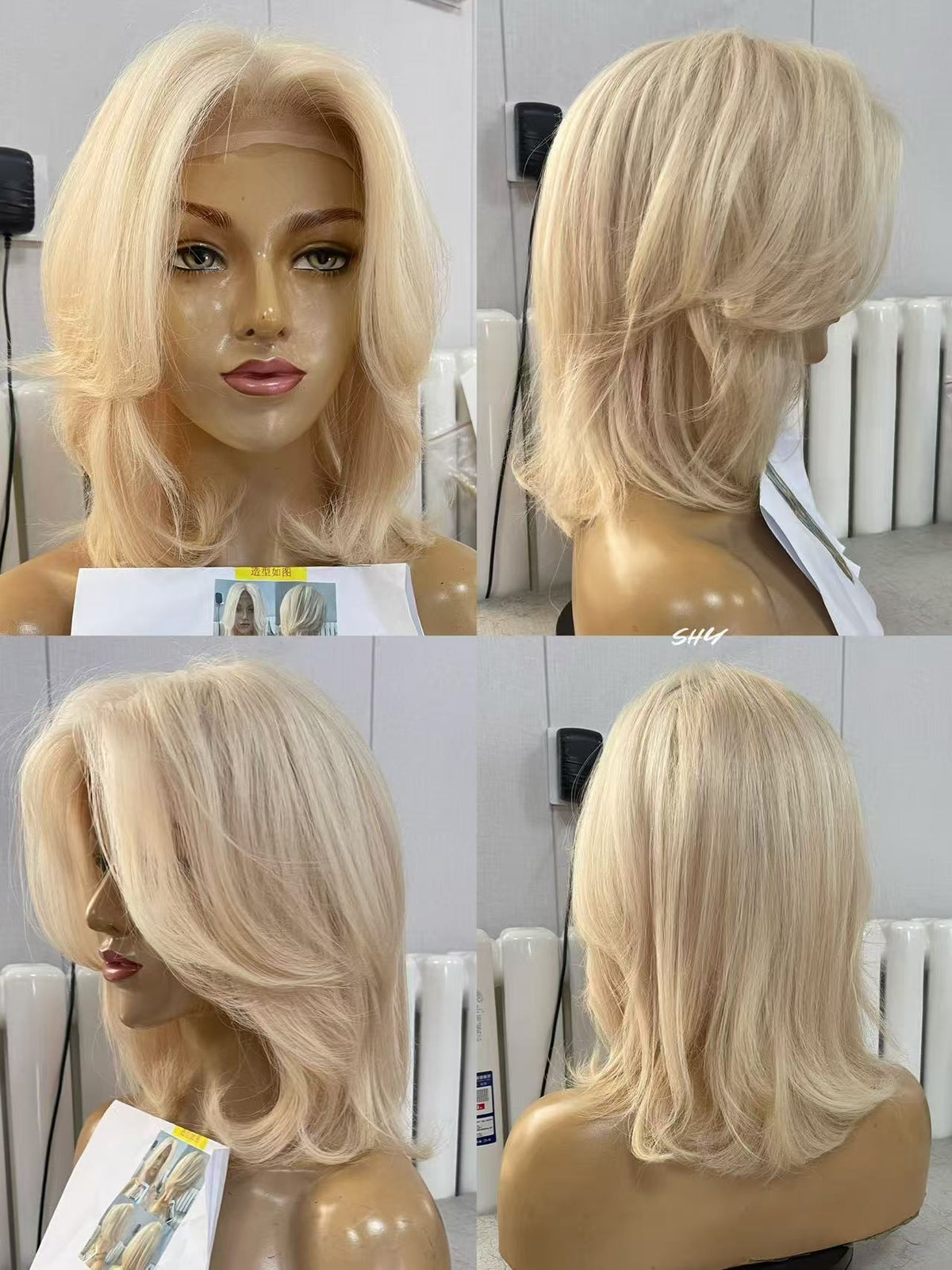 PU Full Lace Icy Platinum Blonde Center-Part Layered Pixie Bob Human Hair Medical Wig product view 6
