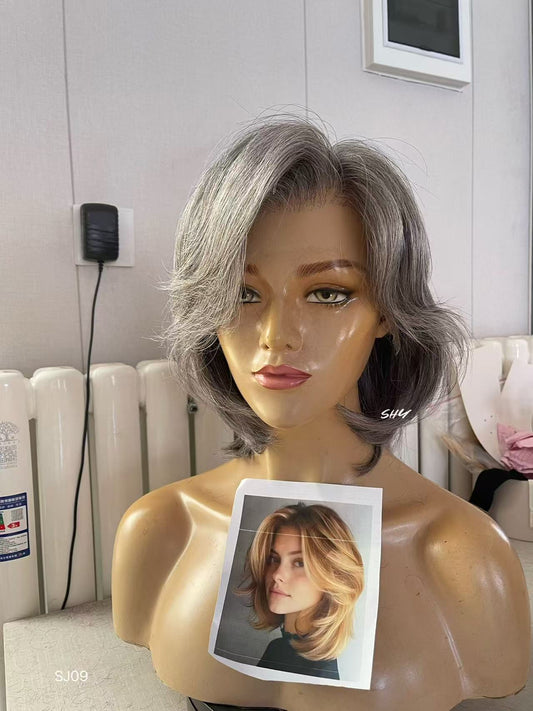 PU Full Lace Salt-and-Pepper Silver Gray Side-Part Layered Pixie Bob Human Hair Medical Wig front or three-quarter view