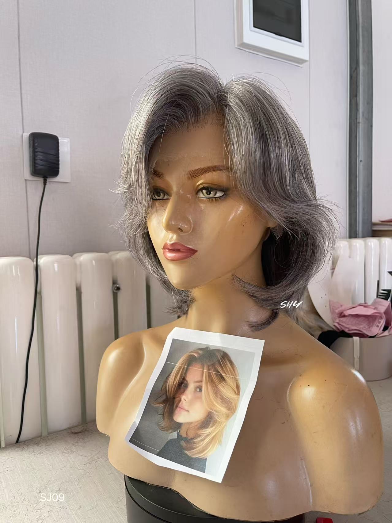 PU Full Lace Salt-and-Pepper Silver Gray Side-Part Layered Pixie Bob Human Hair Medical Wig product view 2