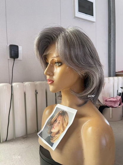 PU Full Lace Salt-and-Pepper Silver Gray Side-Part Layered Pixie Bob Human Hair Medical Wig product view 3