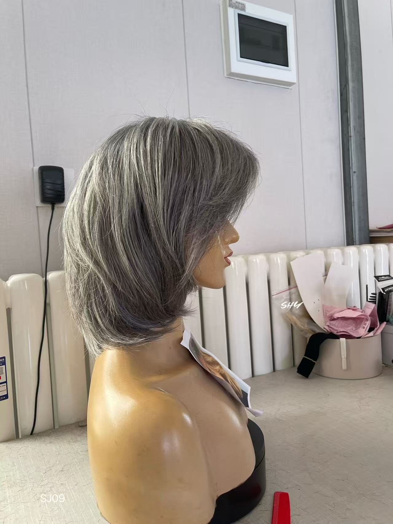 PU Full Lace Salt-and-Pepper Silver Gray Side-Part Layered Pixie Bob Human Hair Medical Wig product view 4