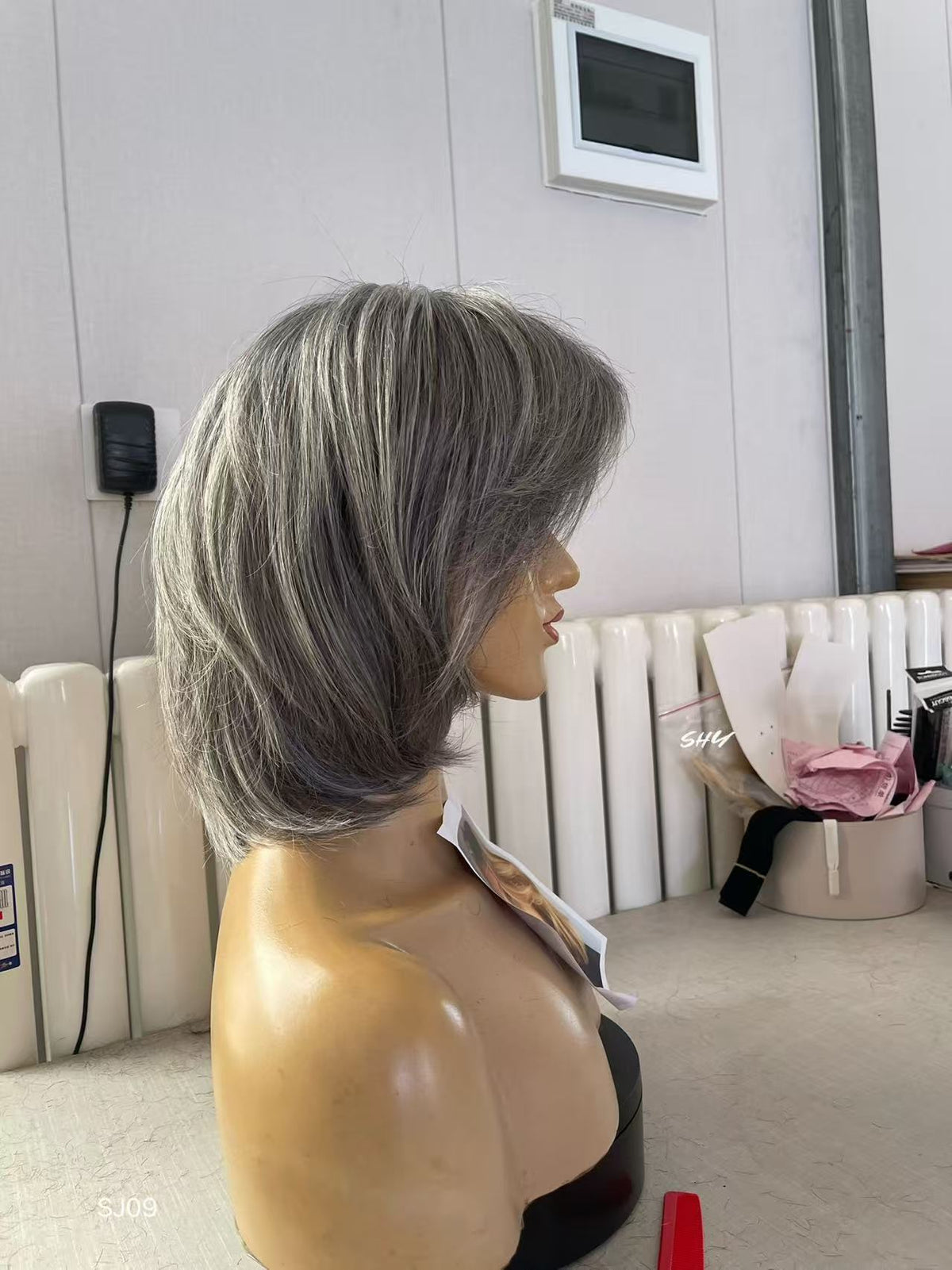PU Full Lace Salt-and-Pepper Silver Gray Side-Part Layered Pixie Bob Human Hair Medical Wig product view 4
