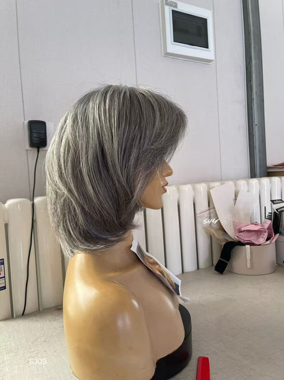 PU Full Lace Salt-and-Pepper Silver Gray Side-Part Layered Pixie Bob Human Hair Medical Wig product view 4