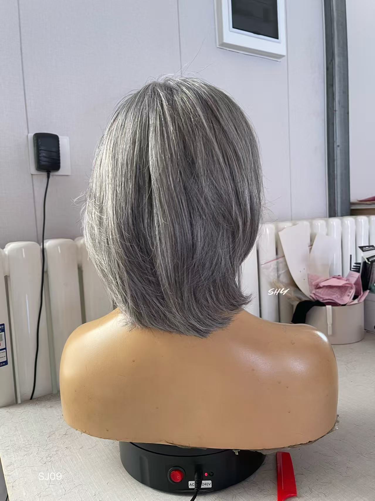 PU Full Lace Salt-and-Pepper Silver Gray Side-Part Layered Pixie Bob Human Hair Medical Wig product view 5