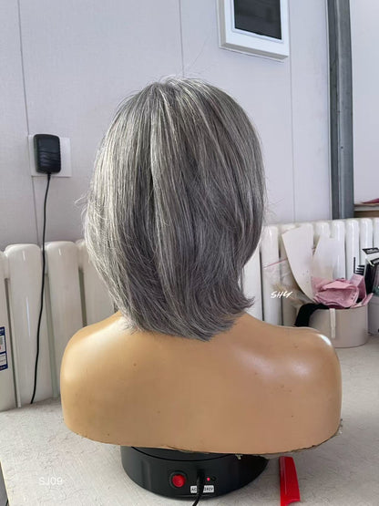 PU Full Lace Salt-and-Pepper Silver Gray Side-Part Layered Pixie Bob Human Hair Medical Wig product view 5