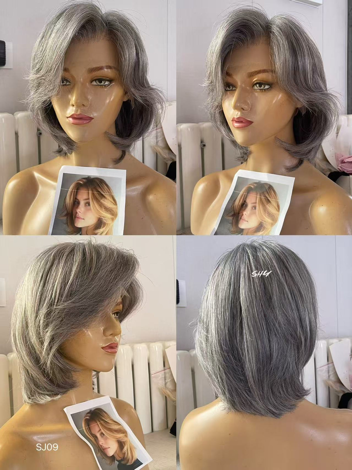 PU Full Lace Salt-and-Pepper Silver Gray Side-Part Layered Pixie Bob Human Hair Medical Wig product view 6