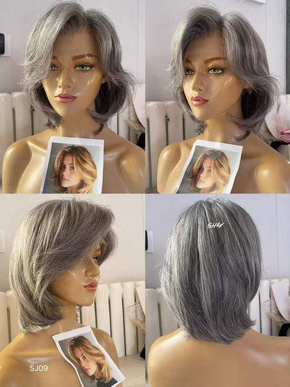 PU Full Lace Salt-and-Pepper Silver Gray Side-Part Layered Pixie Bob Human Hair Medical Wig product view 6