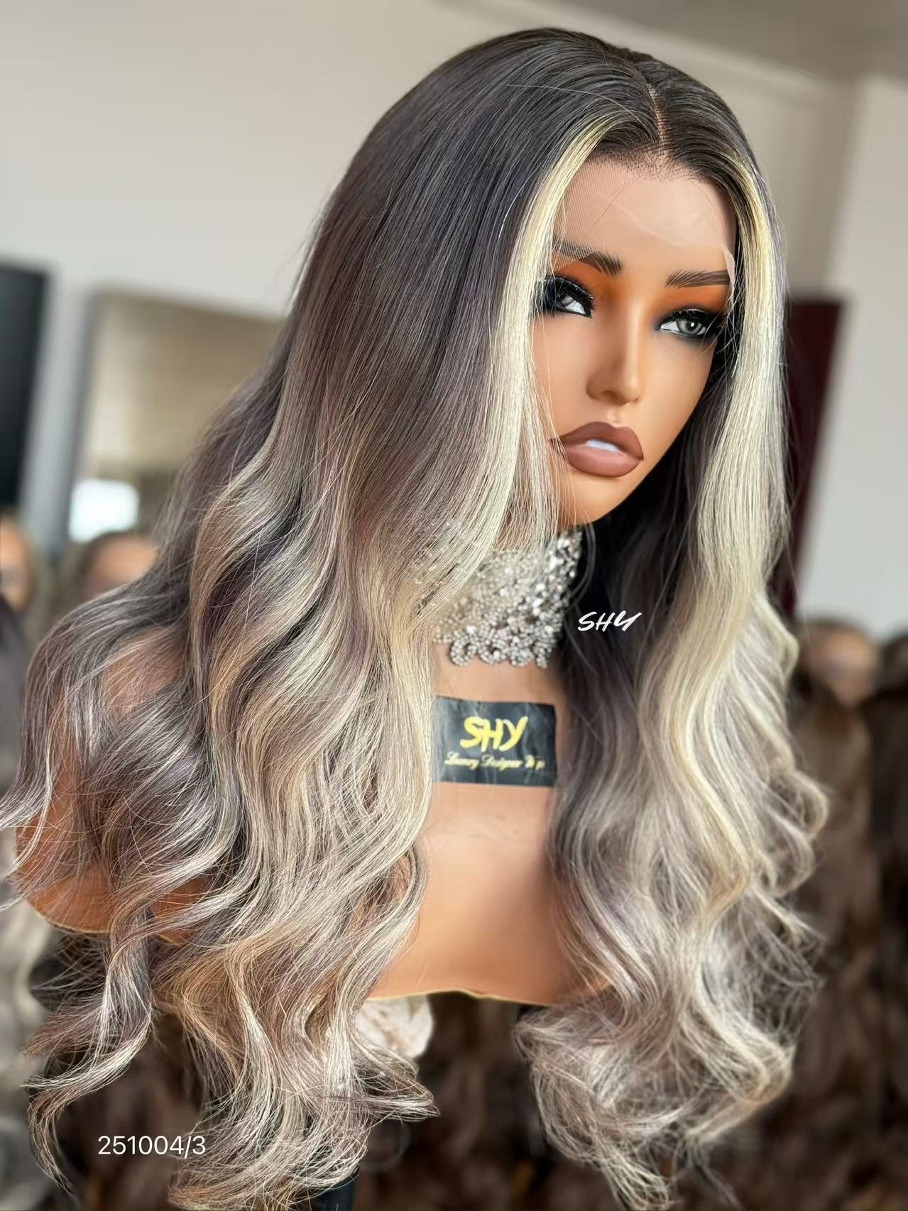 13x4 Silver Ash Blonde Rooted Body Wave Human Hair Transparent Lace Front Wig view 4