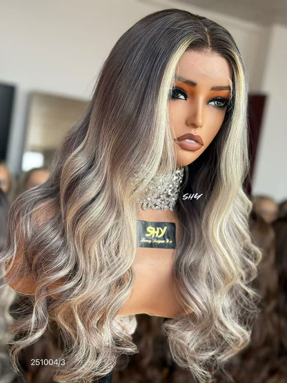 13x4 Silver Ash Blonde Rooted Body Wave Human Hair Transparent Lace Front Wig view 4