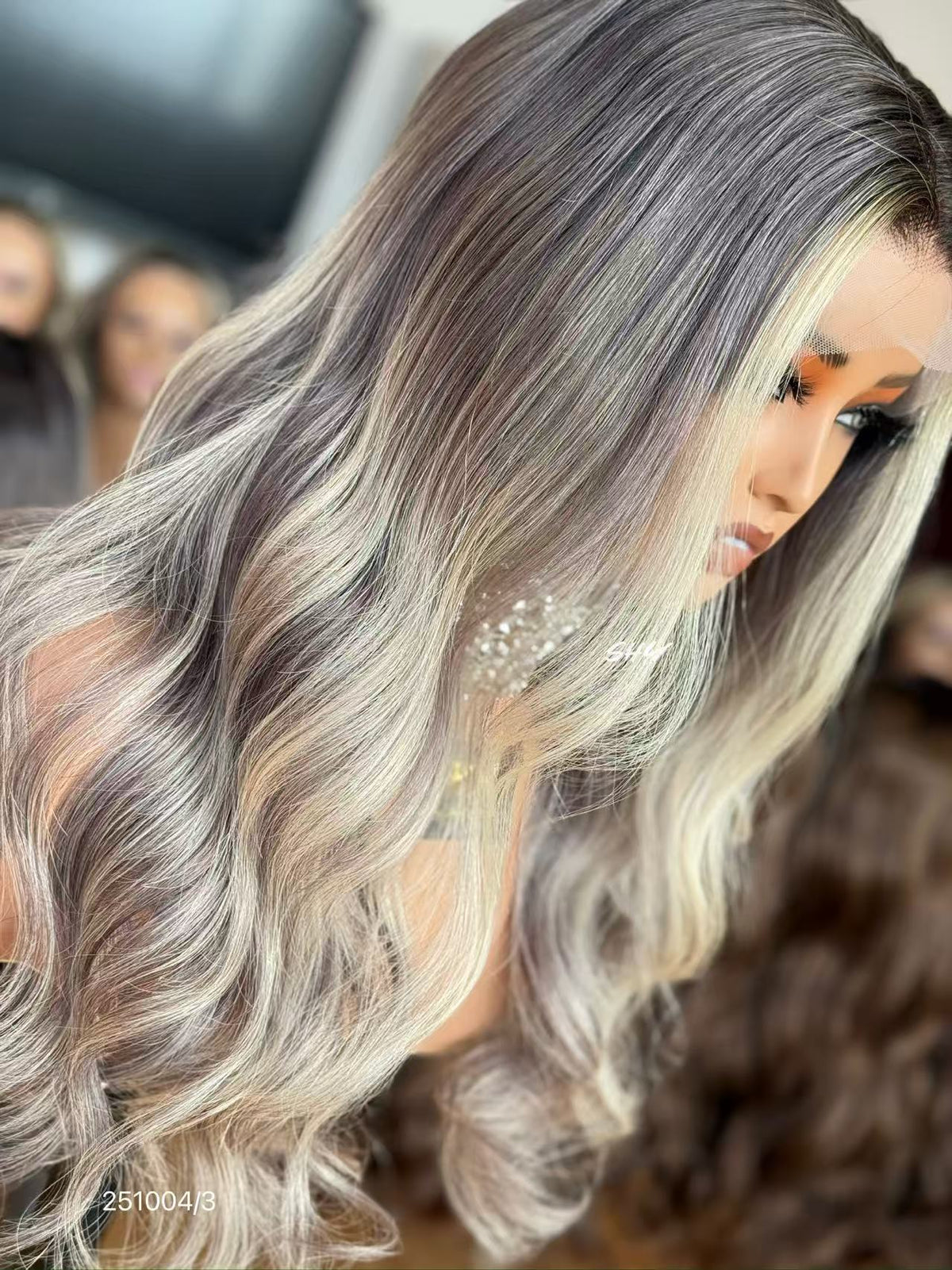 13x4 Silver Ash Blonde Rooted Body Wave Human Hair Transparent Lace Front Wig view 7
