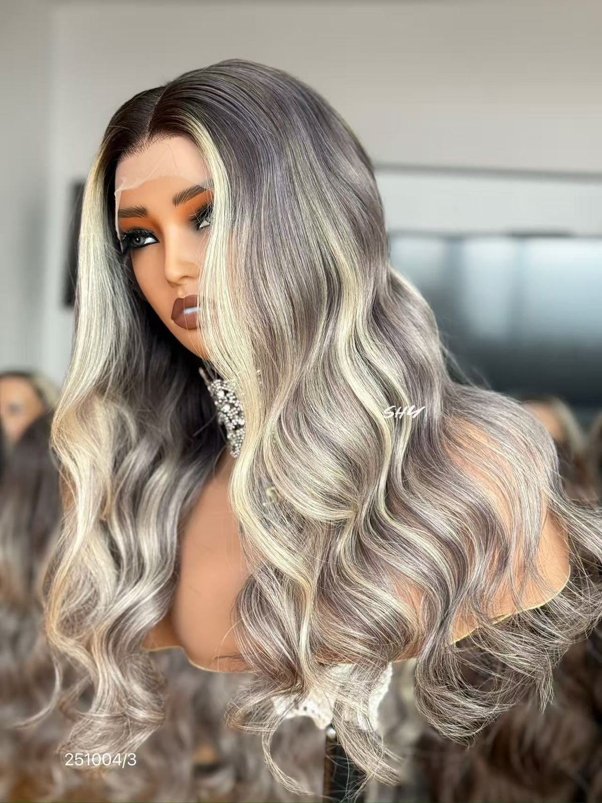 13x4 Silver Ash Blonde Rooted Body Wave Human Hair Transparent Lace Front Wig view 8