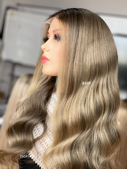 HD 13x5 Ash Brown Blonde Balayage Body Wave Human Hair Patchwork Lace Wig product view 7