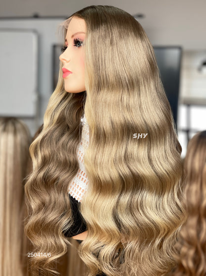 HD 13x5 Dark-Rooted Champagne Blonde Balayage Body Wave Human Hair Patchwork Lace Wig product view 8