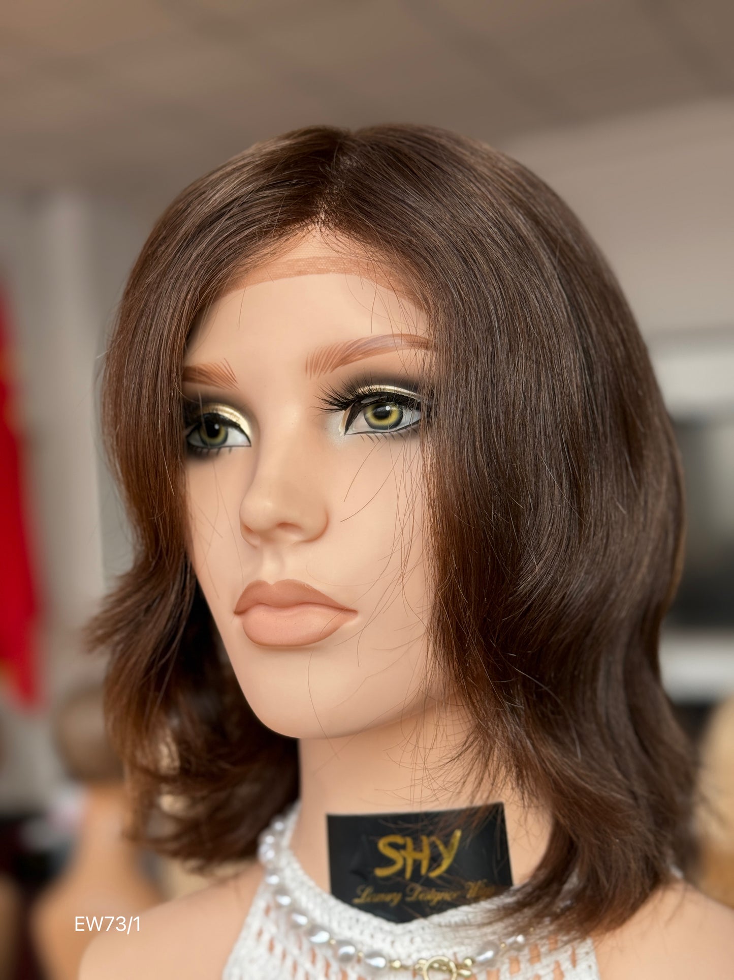 Deep chocolate brown European human hair mono top full hand-tied medical wig, front view