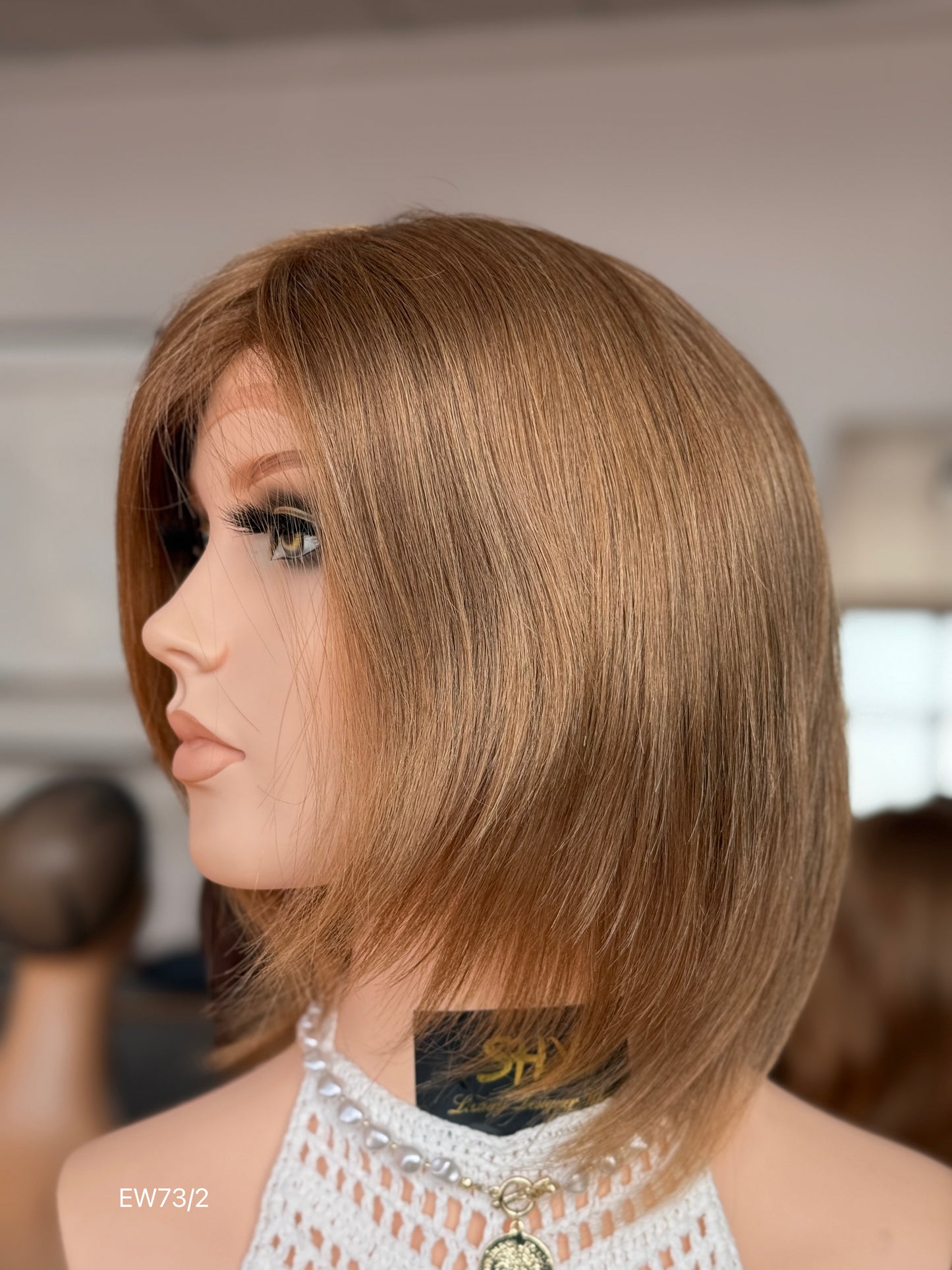 Warm chestnut brown European human hair mono top medical wig - left profile
