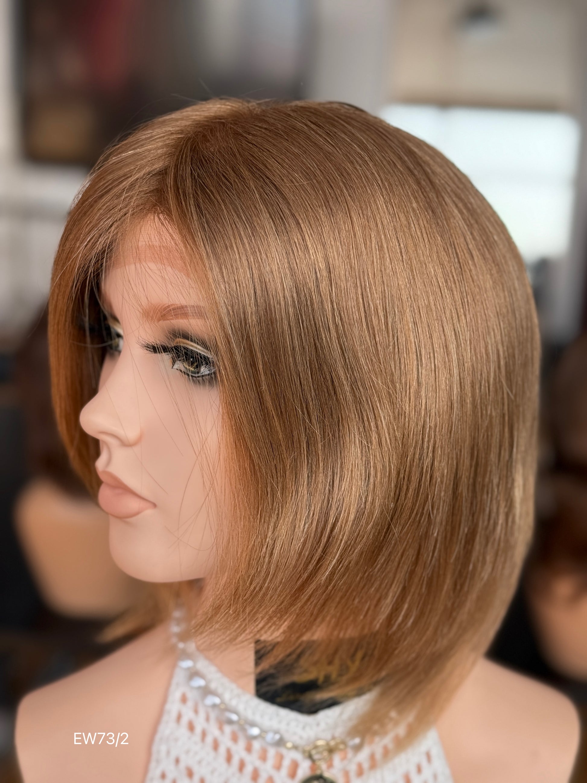 Warm chestnut brown European human hair mono top medical wig - left three quarter