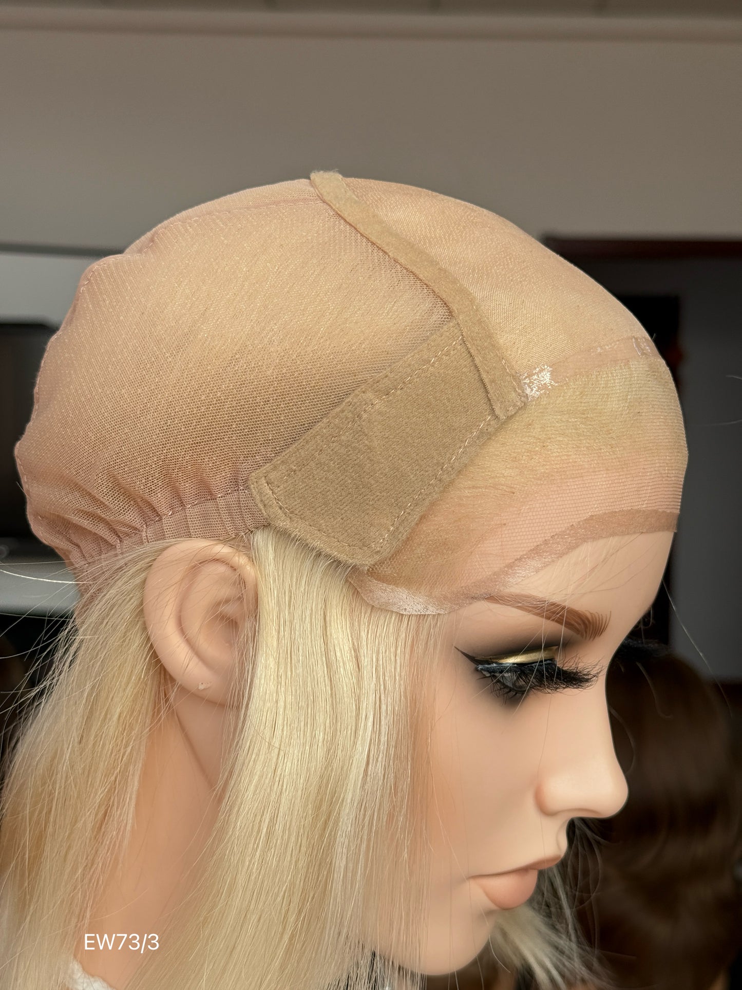 Light champagne blonde European human hair mono top medical wig - cap side