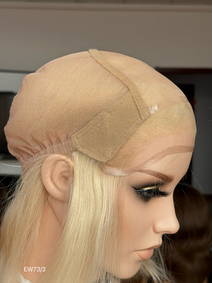 Light champagne blonde European human hair mono top medical wig - cap side