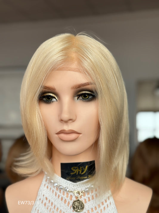 Light champagne blonde European human hair mono top full hand-tied medical wig, front view