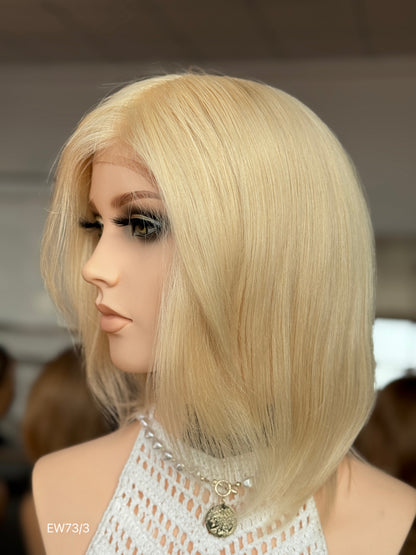 Light champagne blonde European human hair mono top medical wig - left profile