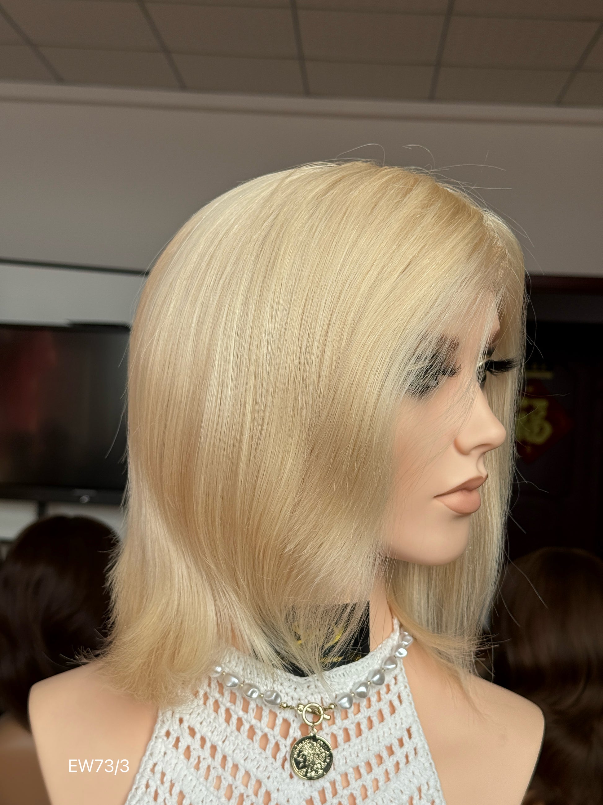 Light champagne blonde European human hair mono top medical wig - right side
