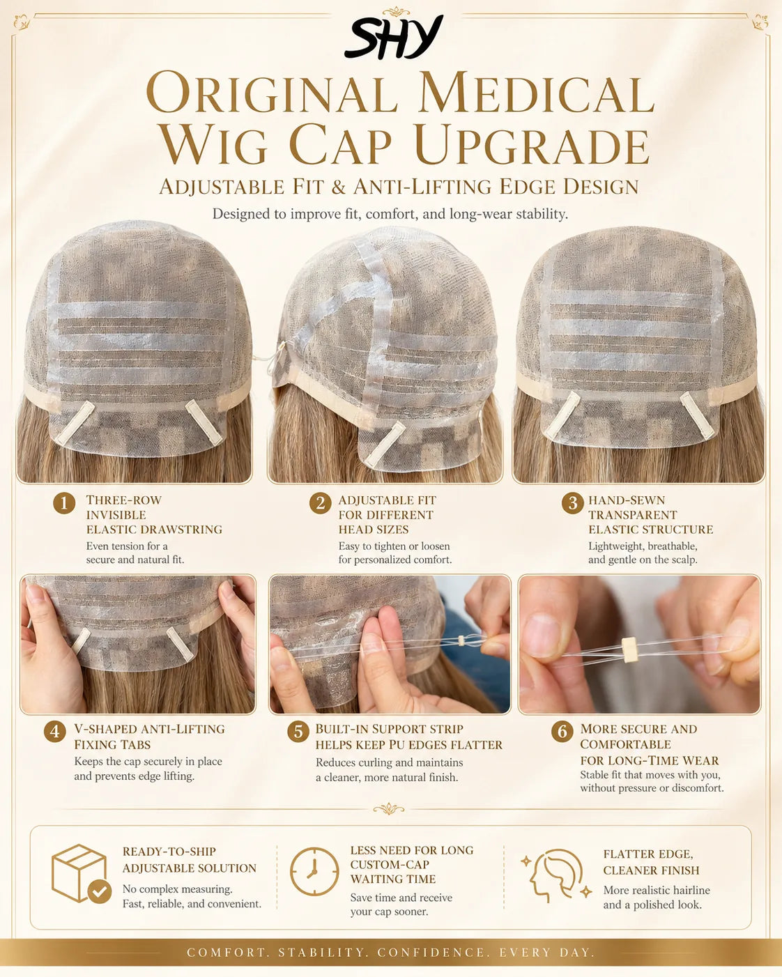 Adjustable medical wig cap upgrade with anti-lifting edge design